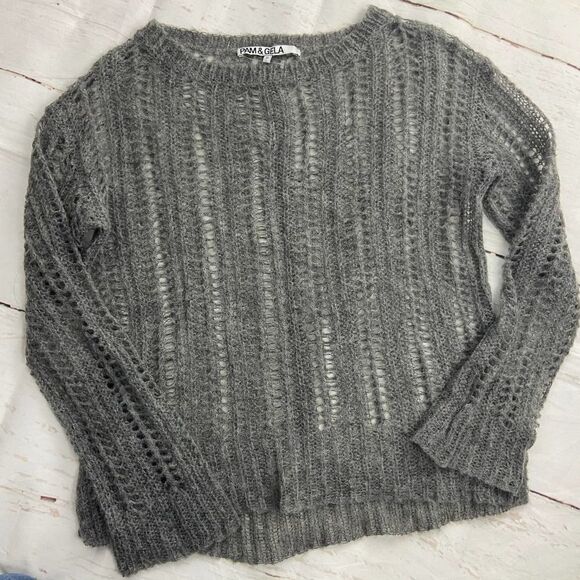 Pam & Gela Open Knit Gray Crew Neck Long Sleeve Sweater Top...